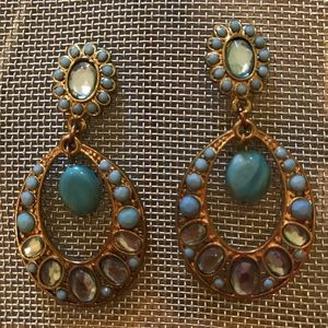 Gold and light blue circle dangle earrings